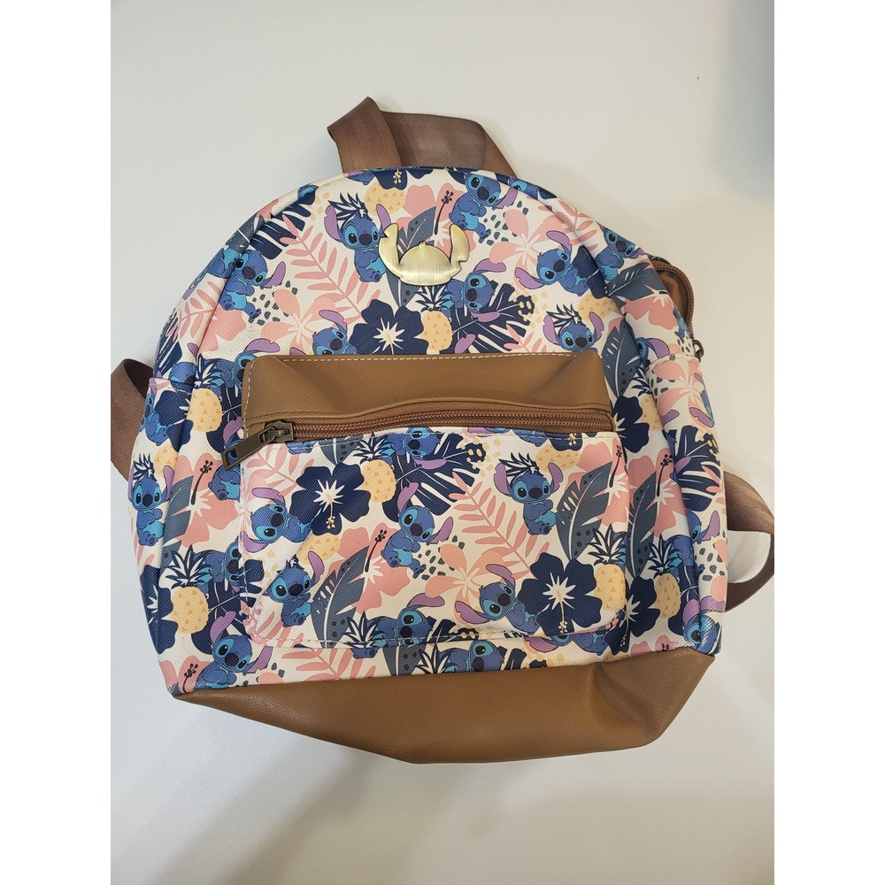 Disney Bioworld Stitch Tropical Floral Mini Backpack Tan Blue Pink Multicolor